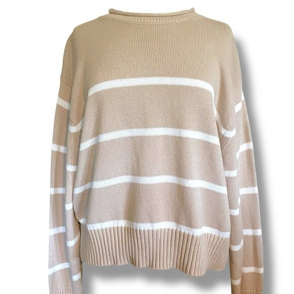BRIT.NY Womens Sweater Sz Medium Large Tan White Stripe Cotton Roll Neck Preppy - Picture 2 of 7